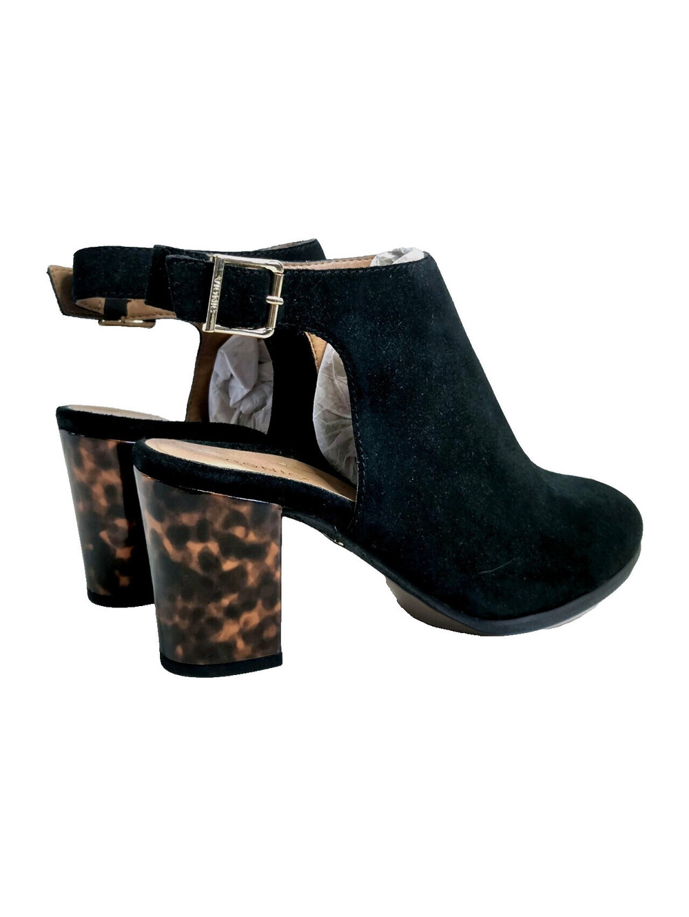 Vionic Black Suede /Tortoise Open Heel Shoe Booties Block 3" Heel Size 10 EUC